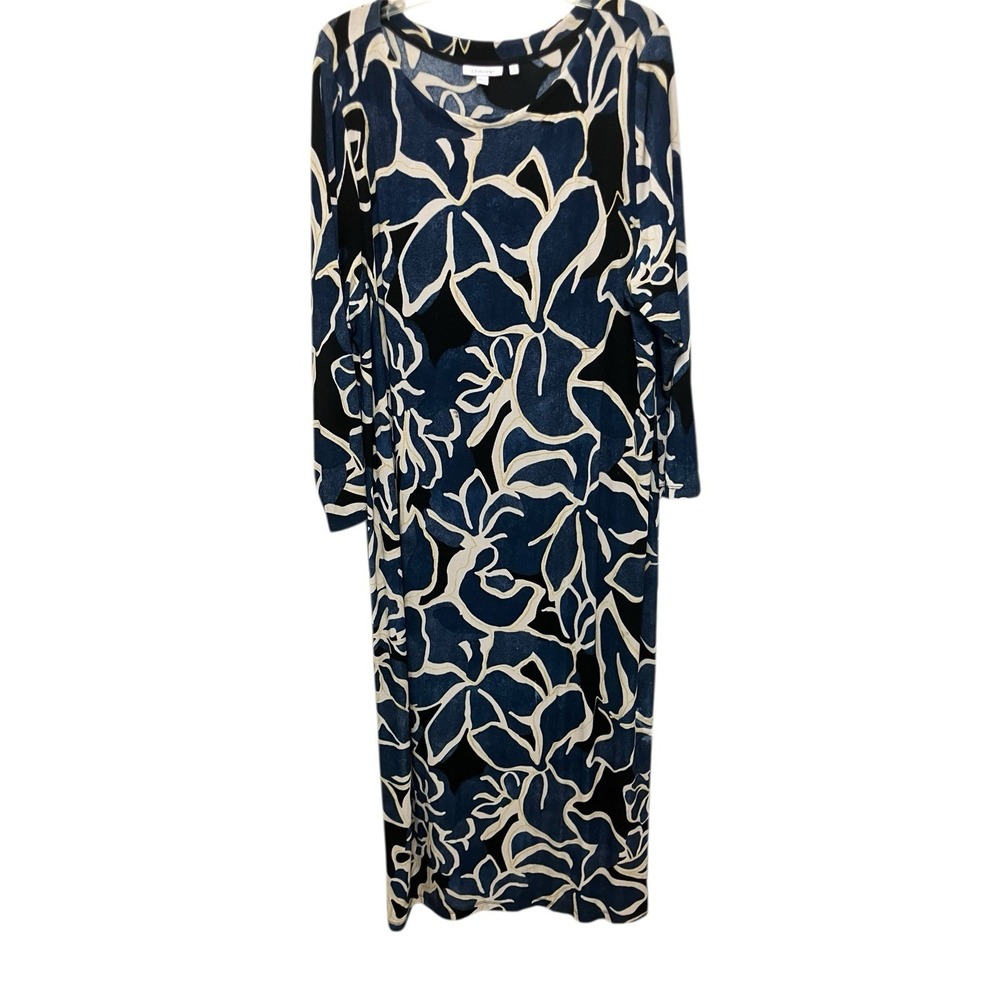 Chicos Maxi Dress Long Sleeve Slinky Jersey Leg Slit Blue Hawaiian Print 2X XXL - Picture 2 of 9